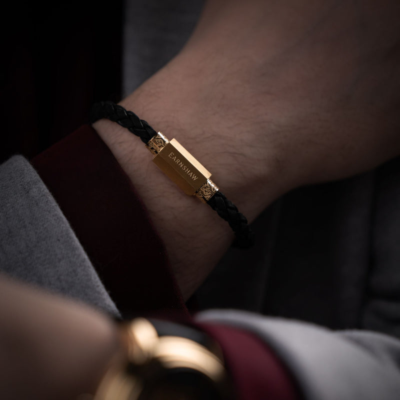 Heritage Longcase Leather Bracelet Gilded Obsidian