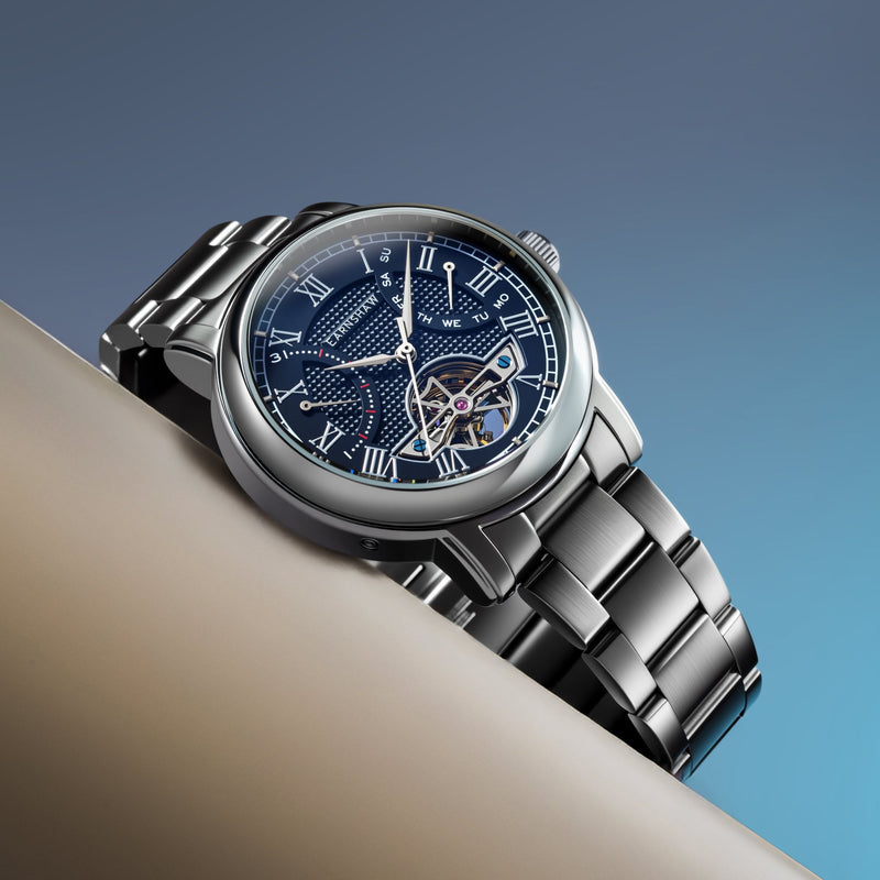 Heritage Longcase Double Retrograde Calendar Open Heart Automatic Bearer Blue