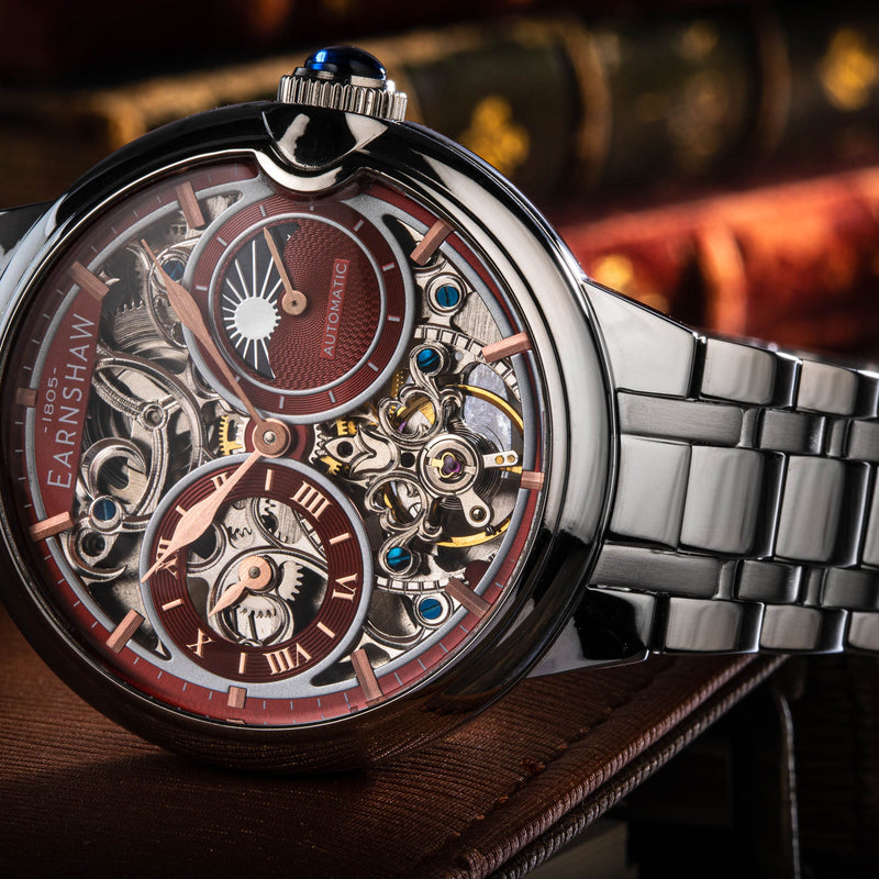 Barallier Sun Moon Dual Time Automatic Skeleton Sunburst Red