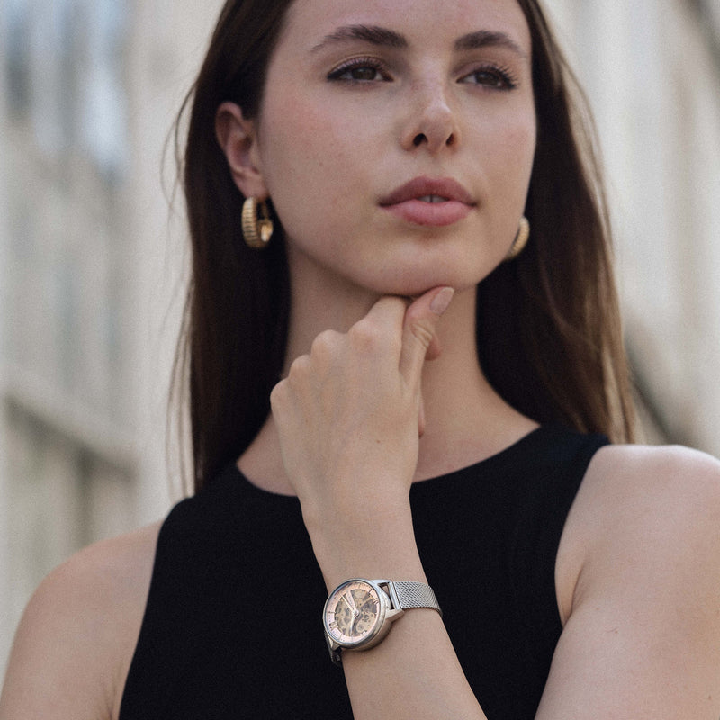 Ladies Anning Skeleton Automatic 3 Hands Warm Pink