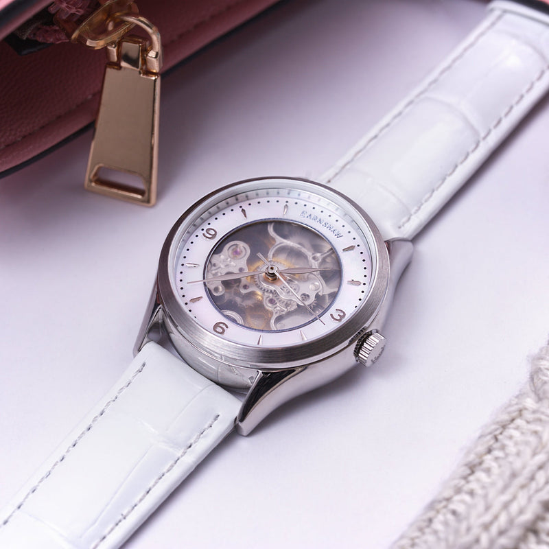 Ladies Isabella Skeleton Automatic 3 Hands Mother Of Pearl White