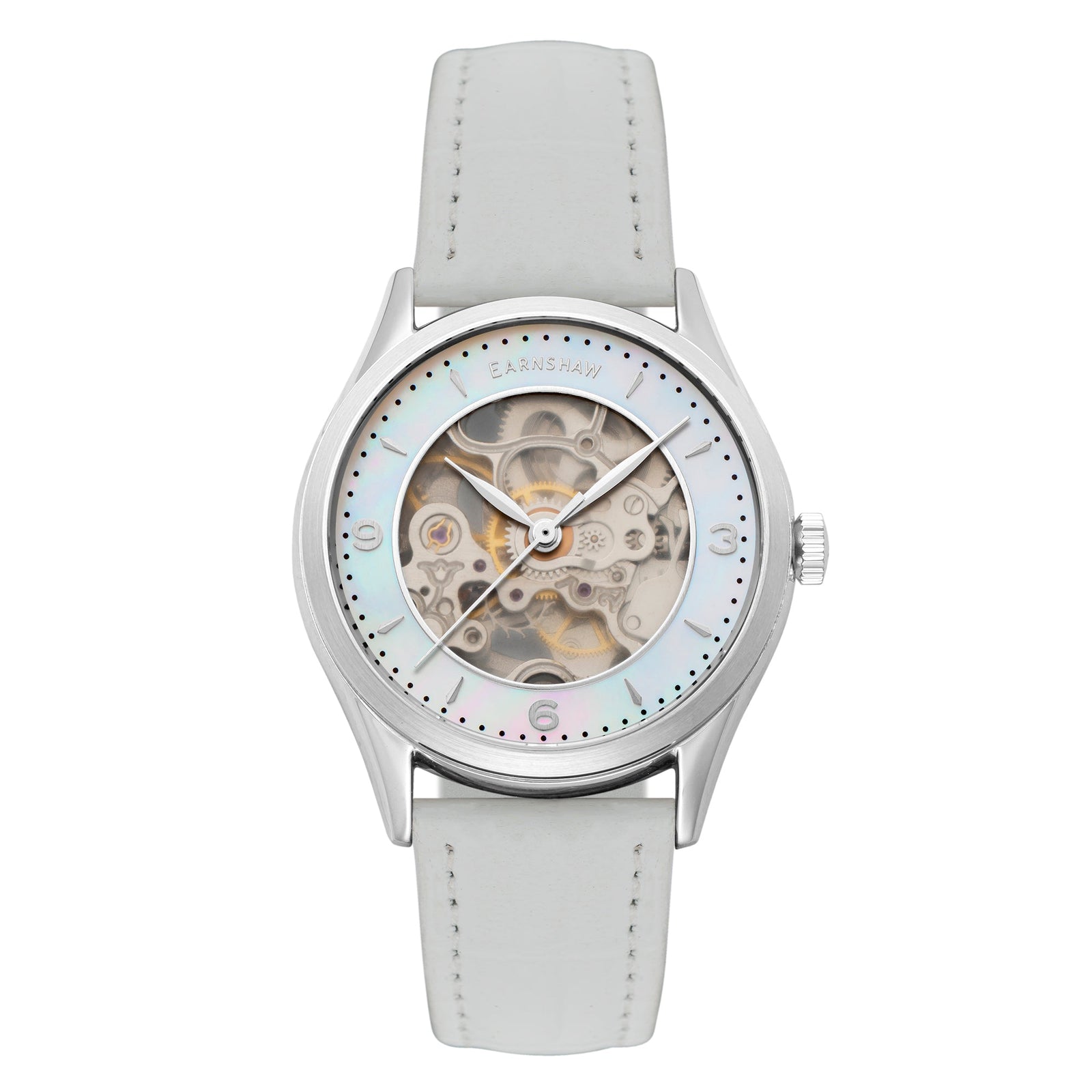 Ladies Isabella Skeleton Automatic 3 Hands Mother Of Pearl White