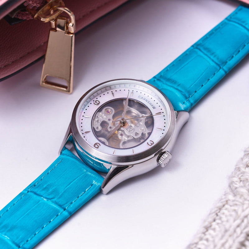 Ladies Isabella Skeleton Automatic 3 Hands Mother Of Pearl Aqua