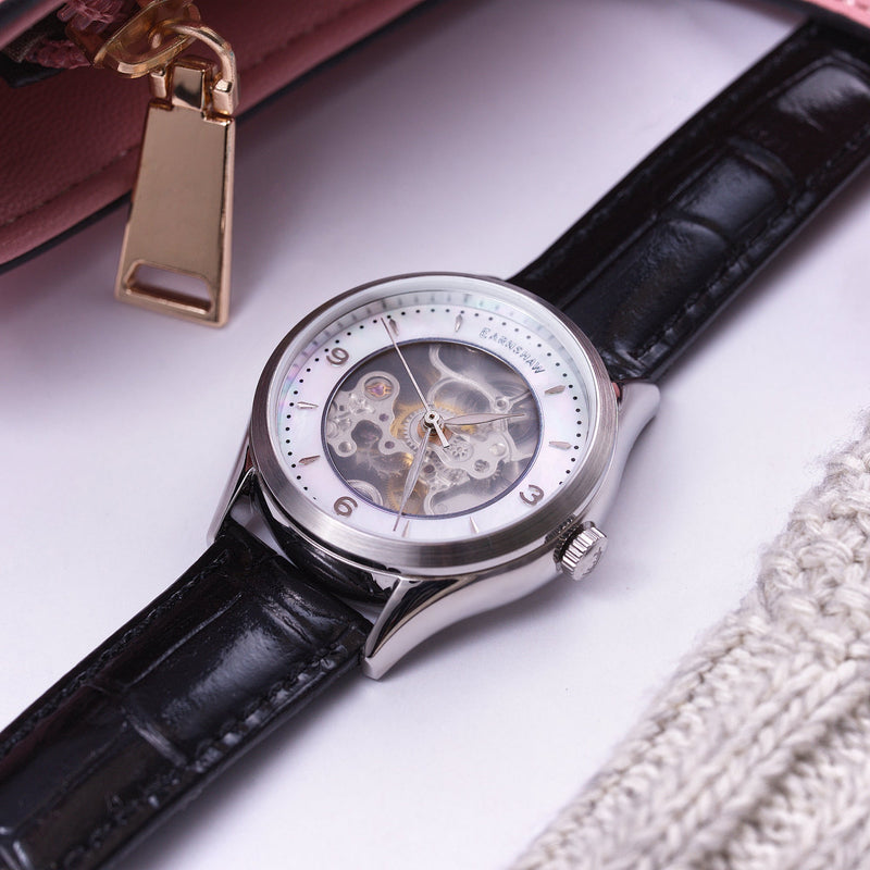 Ladies Isabella Skeleton Automatic 3 Hands Mother Of Pearl Black