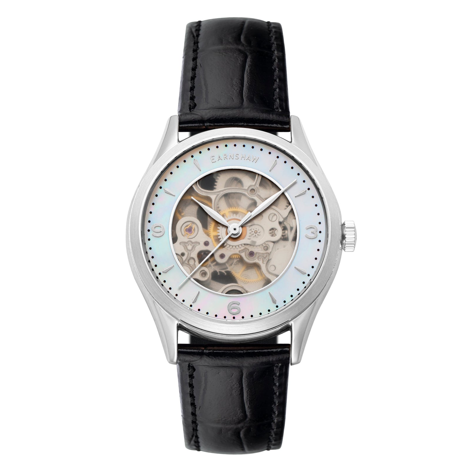Ladies Isabella Skeleton Automatic 3 Hands Mother Of Pearl Black