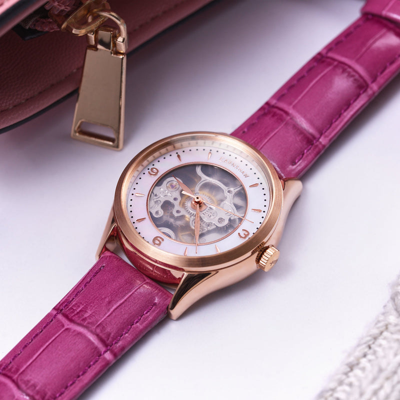 Ladies Isabella Skeleton Automatic 3 Hands Dusty Rose