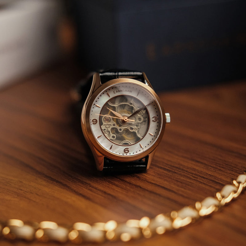 Ladies Isabella Skeleton Automatic 3 Hands Rose Gold Mother Of Pearl