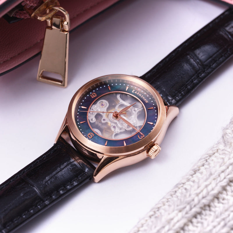 Ladies Isabella Skeleton Automatic 3 Hands Caviar Mother Of Pearl